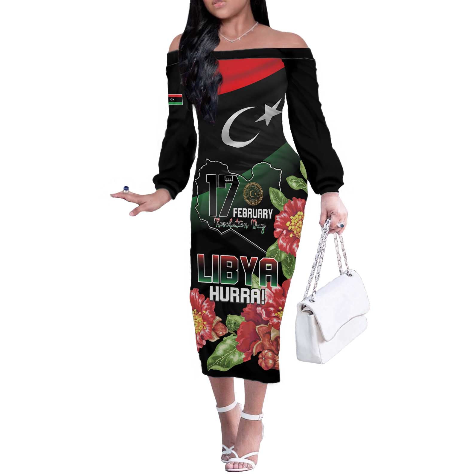 Personalized Libya Revolution Day Off The Shoulder Long Sleeve Dress Libyan Map With Pomegranate Blossom - Wonder Print Shop