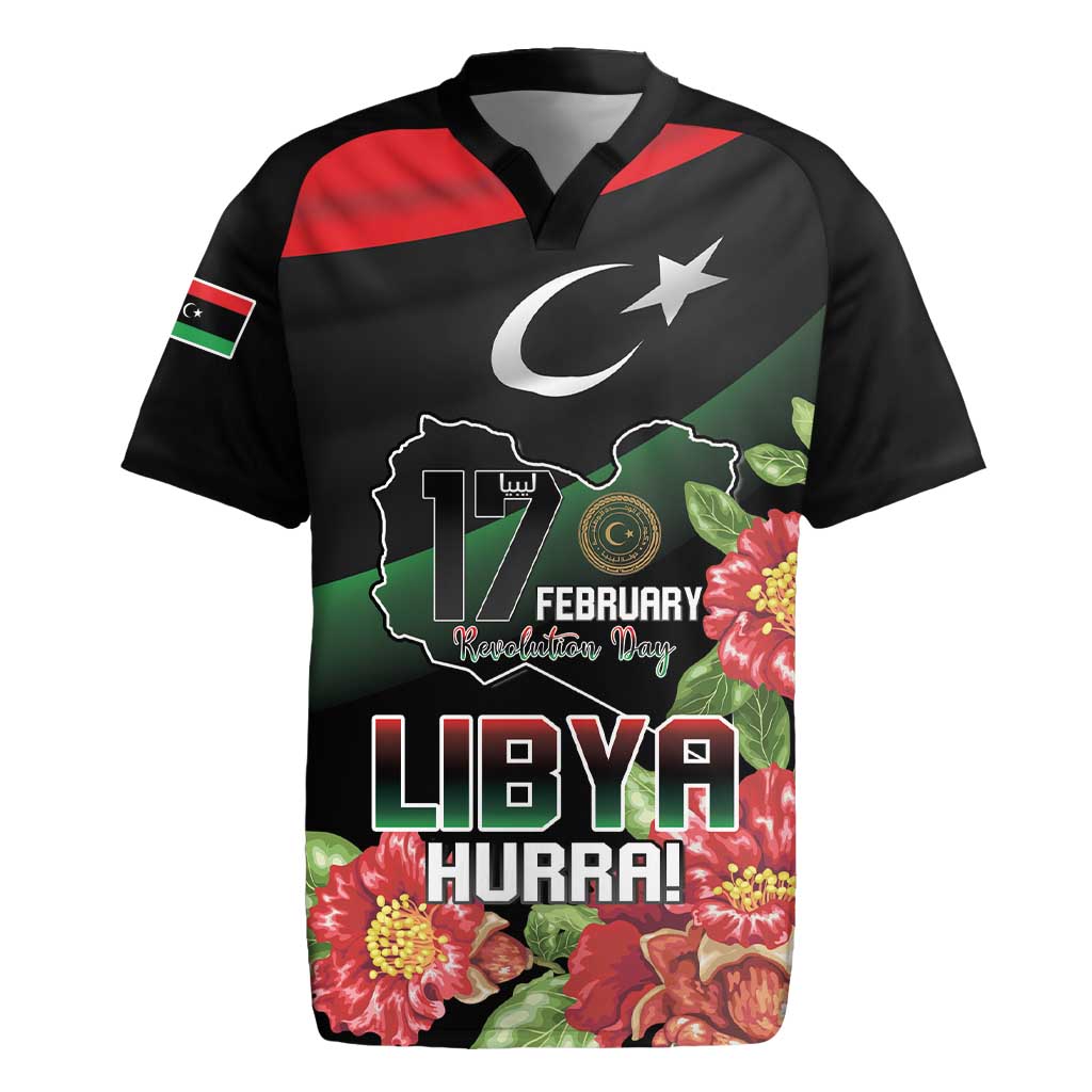 Personalized Libya Revolution Day Rugby Jersey Libyan Map With Pomegranate Blossom - Wonder Print Shop