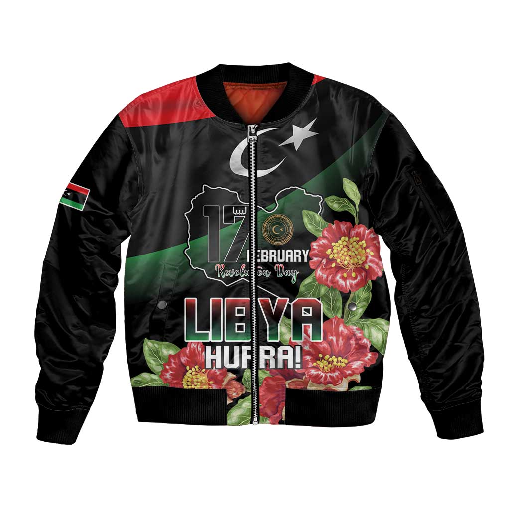 Personalized Libya Revolution Day Sleeve Zip Bomber Jacket Libyan Map With Pomegranate Blossom - Wonder Print Shop