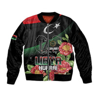 Personalized Libya Revolution Day Sleeve Zip Bomber Jacket Libyan Map With Pomegranate Blossom - Wonder Print Shop