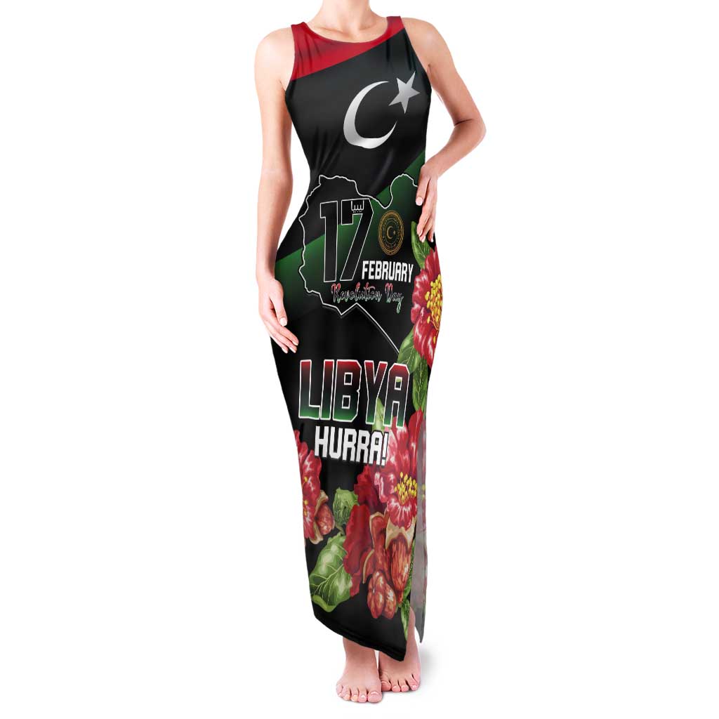 Personalized Libya Revolution Day Tank Maxi Dress Libyan Map With Pomegranate Blossom - Wonder Print Shop