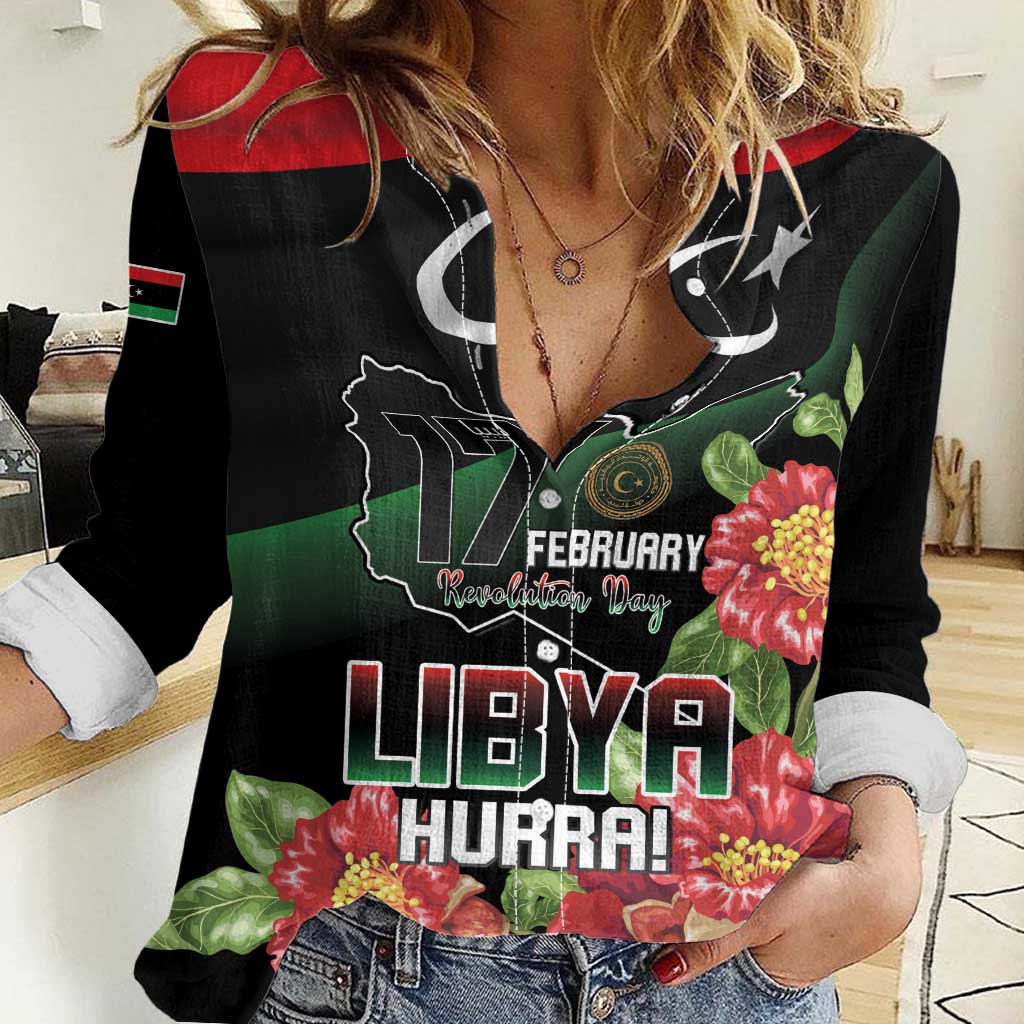 Personalized Libya Revolution Day Women Casual Shirt Libyan Map With Pomegranate Blossom - Wonder Print Shop