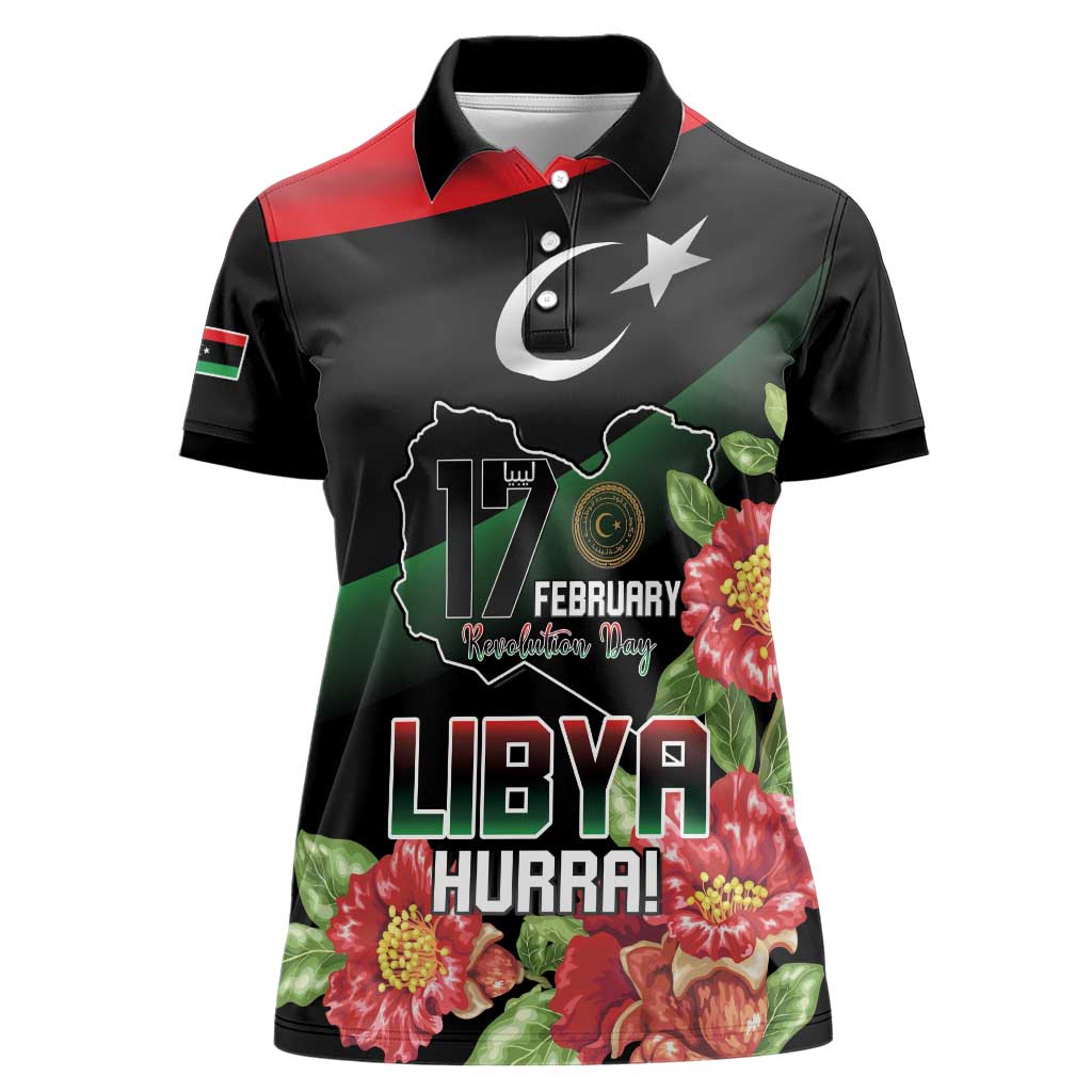 Personalized Libya Revolution Day Women Polo Shirt Libyan Map With Pomegranate Blossom - Wonder Print Shop