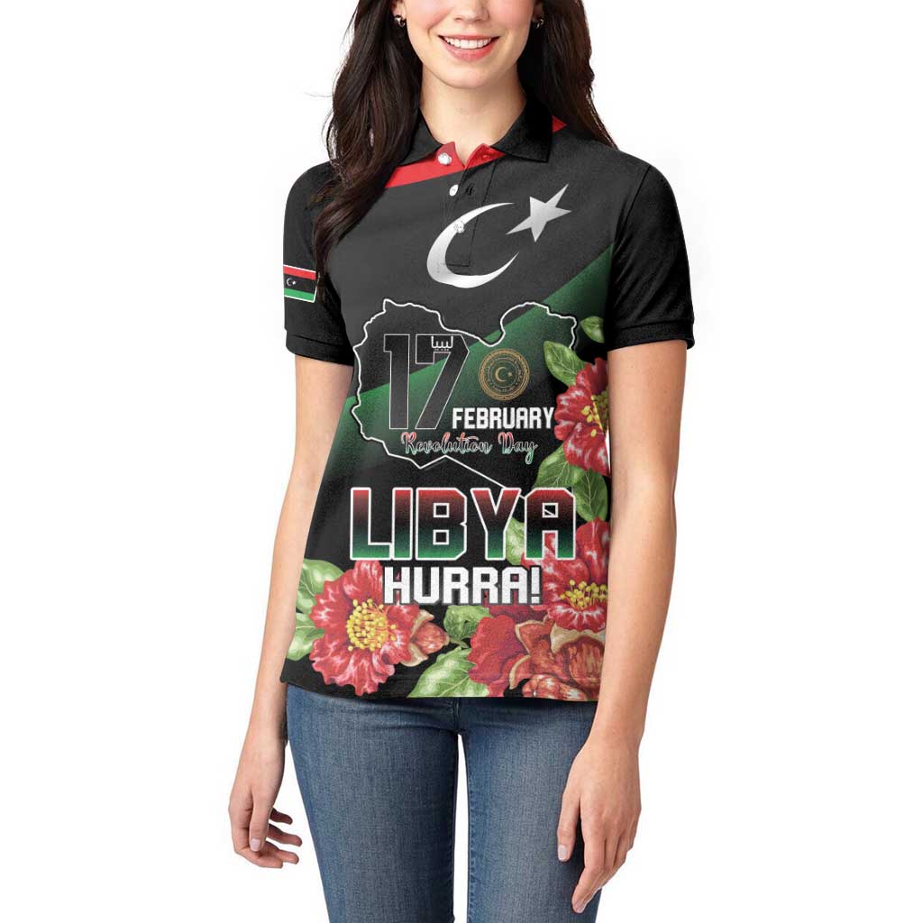 Personalized Libya Revolution Day Women Polo Shirt Libyan Map With Pomegranate Blossom - Wonder Print Shop