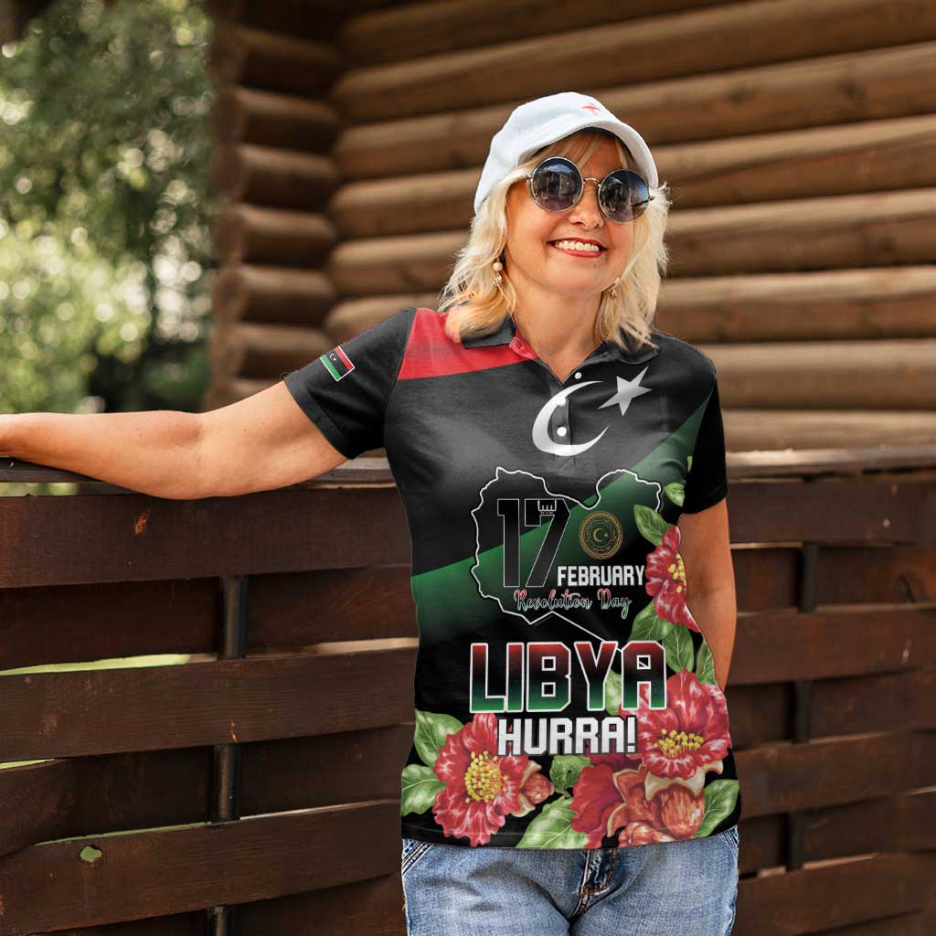 Personalized Libya Revolution Day Women Polo Shirt Libyan Map With Pomegranate Blossom - Wonder Print Shop
