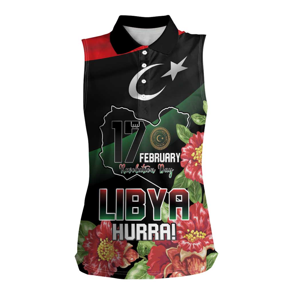 Personalized Libya Revolution Day Women Sleeveless Polo Shirt Libyan Map With Pomegranate Blossom - Wonder Print Shop