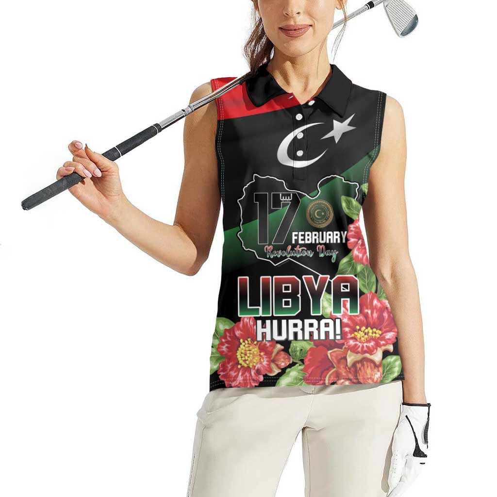 Personalized Libya Revolution Day Women Sleeveless Polo Shirt Libyan Map With Pomegranate Blossom - Wonder Print Shop