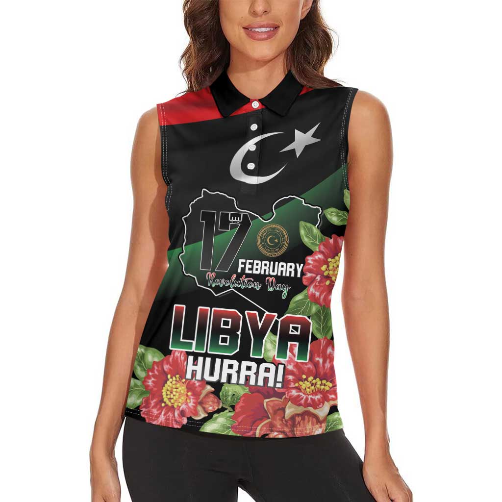 Personalized Libya Revolution Day Women Sleeveless Polo Shirt Libyan Map With Pomegranate Blossom - Wonder Print Shop