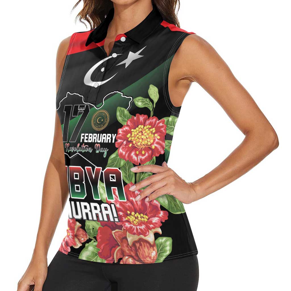 Personalized Libya Revolution Day Women Sleeveless Polo Shirt Libyan Map With Pomegranate Blossom - Wonder Print Shop