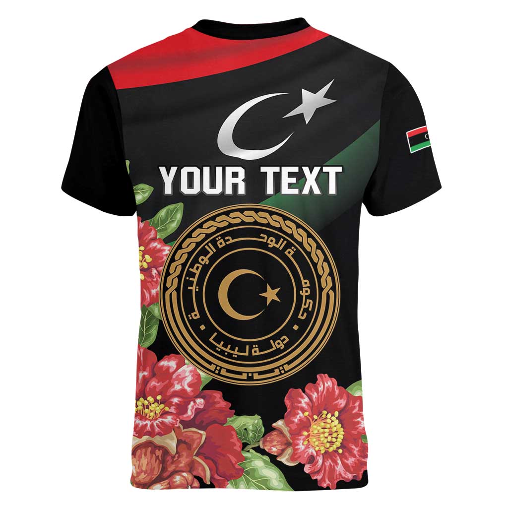 Personalized Libya Revolution Day Women V-Neck T-Shirt Libyan Map With Pomegranate Blossom - Wonder Print Shop