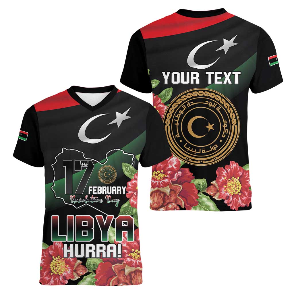 Personalized Libya Revolution Day Women V-Neck T-Shirt Libyan Map With Pomegranate Blossom - Wonder Print Shop