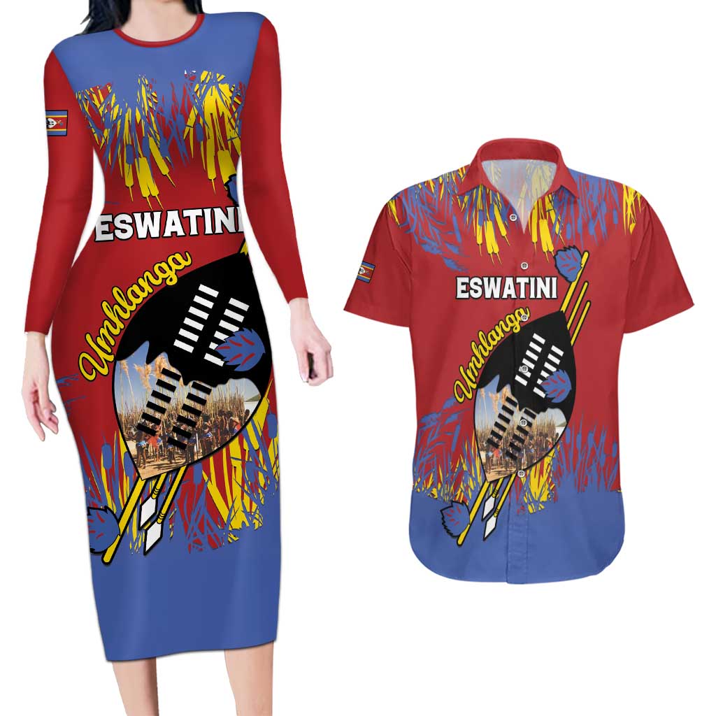 Personalized Eswatini Umhlanga Couples Matching Long Sleeve Bodycon Dress and Hawaiian Shirt Nguni Shield With Reed - Wonder Print Shop