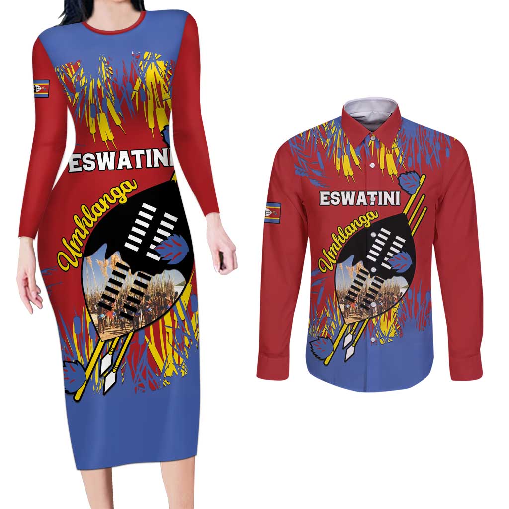 Personalized Eswatini Umhlanga Couples Matching Long Sleeve Bodycon Dress and Long Sleeve Button Shirt Nguni Shield With Reed - Wonder Print Shop