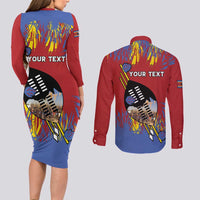 Personalized Eswatini Umhlanga Couples Matching Long Sleeve Bodycon Dress and Long Sleeve Button Shirt Nguni Shield With Reed - Wonder Print Shop