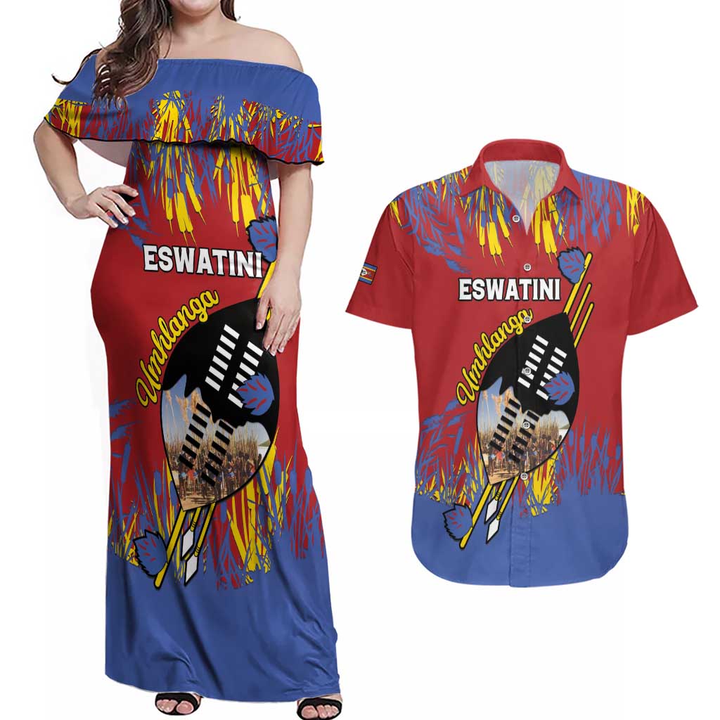 Personalized Eswatini Umhlanga Couples Matching Off Shoulder Maxi Dress and Hawaiian Shirt Nguni Shield With Reed - Wonder Print Shop