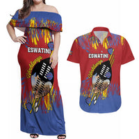 Personalized Eswatini Umhlanga Couples Matching Off Shoulder Maxi Dress and Hawaiian Shirt Nguni Shield With Reed - Wonder Print Shop