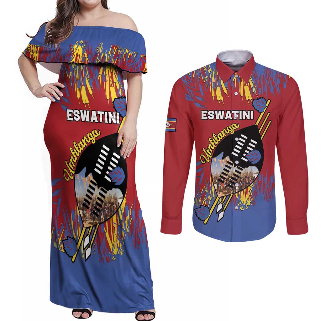 Personalized Eswatini Umhlanga Couples Matching Off Shoulder Maxi Dress and Long Sleeve Button Shirt Nguni Shield With Reed - Wonder Print Shop