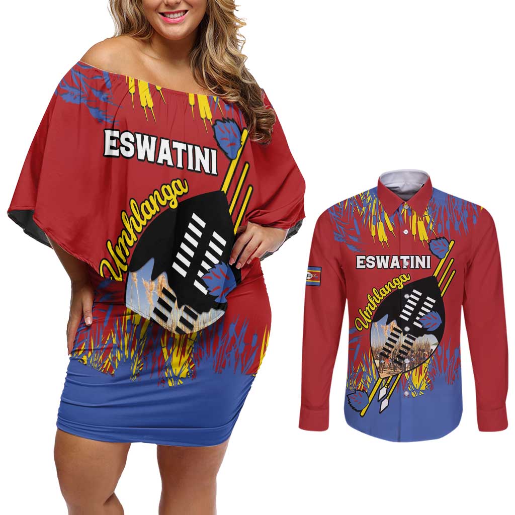 Personalized Eswatini Umhlanga Couples Matching Off Shoulder Short Dress and Long Sleeve Button Shirt Nguni Shield With Reed - Wonder Print Shop
