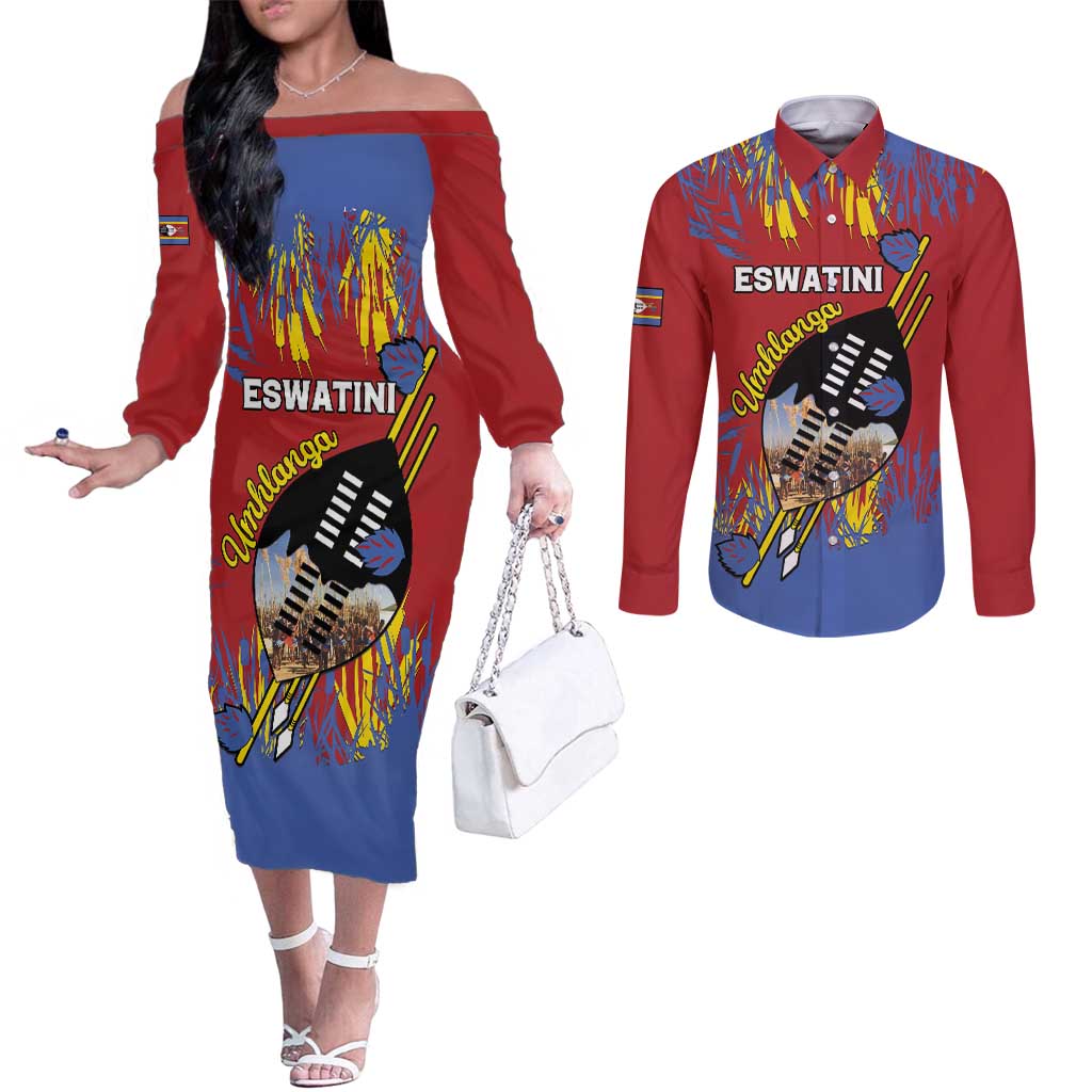 Personalized Eswatini Umhlanga Couples Matching Off The Shoulder Long Sleeve Dress and Long Sleeve Button Shirt Nguni Shield With Reed - Wonder Print Shop