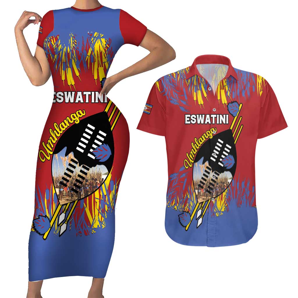 Personalized Eswatini Umhlanga Couples Matching Short Sleeve Bodycon Dress and Hawaiian Shirt Nguni Shield With Reed - Wonder Print Shop