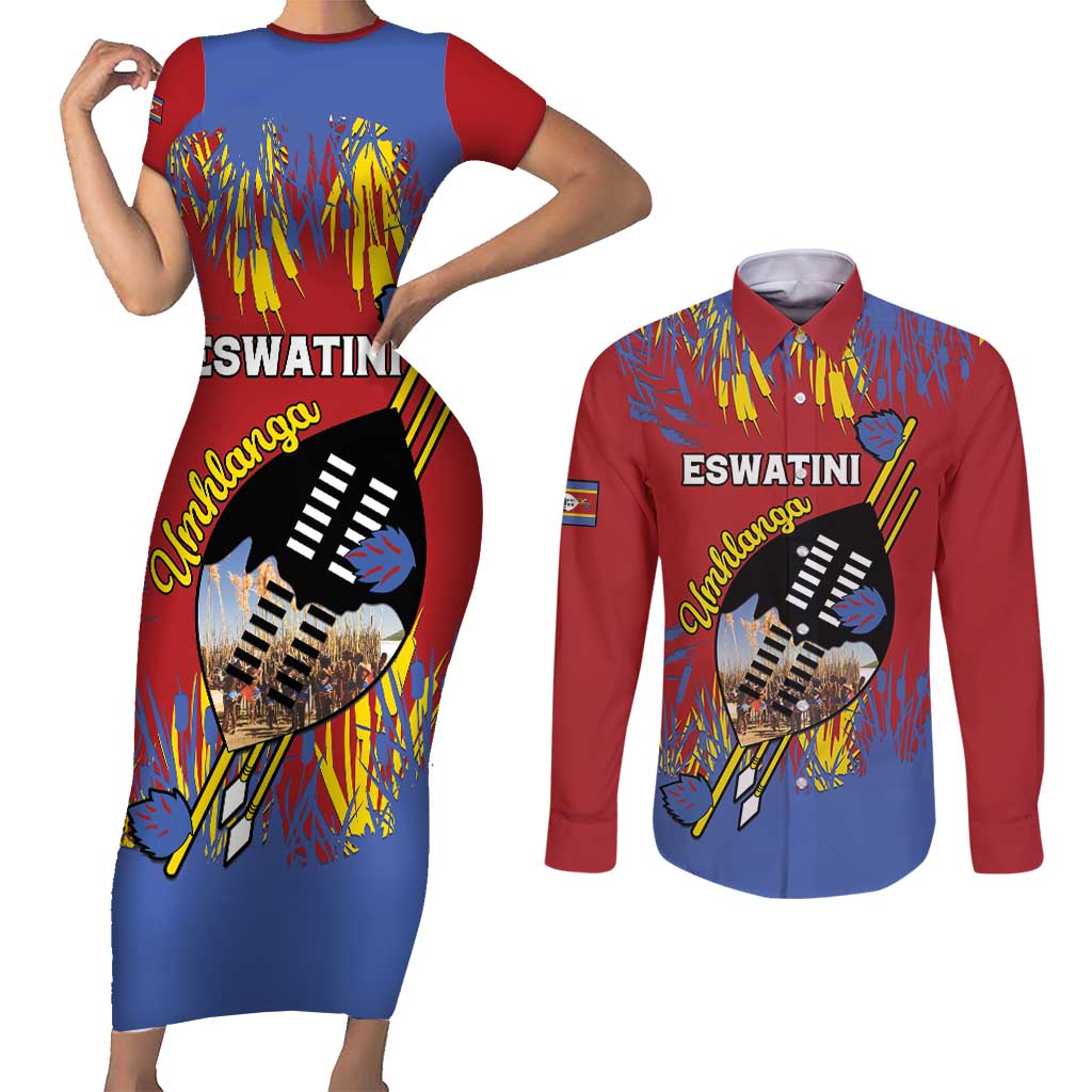 Personalized Eswatini Umhlanga Couples Matching Short Sleeve Bodycon Dress and Long Sleeve Button Shirt Nguni Shield With Reed - Wonder Print Shop