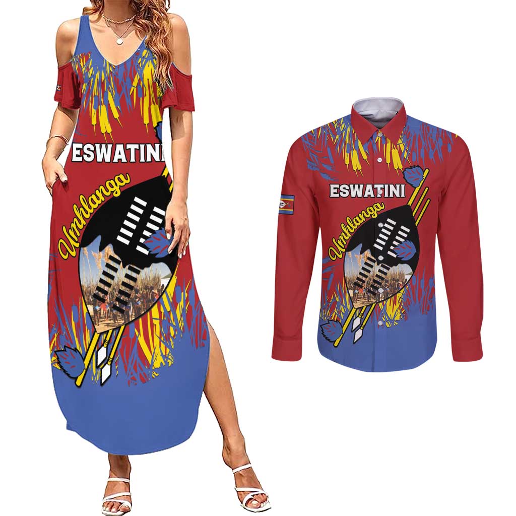 Personalized Eswatini Umhlanga Couples Matching Summer Maxi Dress and Long Sleeve Button Shirt Nguni Shield With Reed - Wonder Print Shop