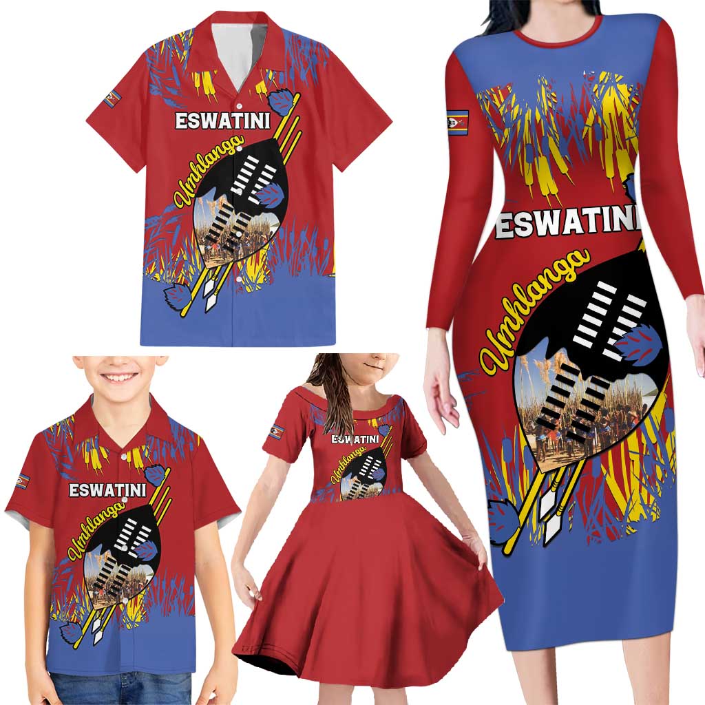 Personalized Eswatini Umhlanga Family Matching Long Sleeve Bodycon Dress and Hawaiian Shirt Nguni Shield With Reed - Wonder Print Shop