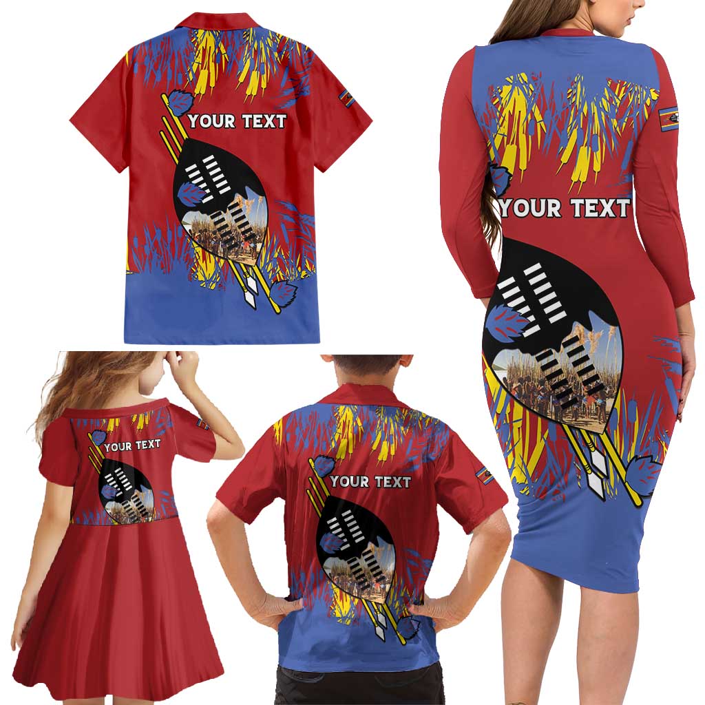Personalized Eswatini Umhlanga Family Matching Long Sleeve Bodycon Dress and Hawaiian Shirt Nguni Shield With Reed - Wonder Print Shop