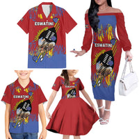 Personalized Eswatini Umhlanga Family Matching Off The Shoulder Long Sleeve Dress and Hawaiian Shirt Nguni Shield With Reed - Wonder Print Shop