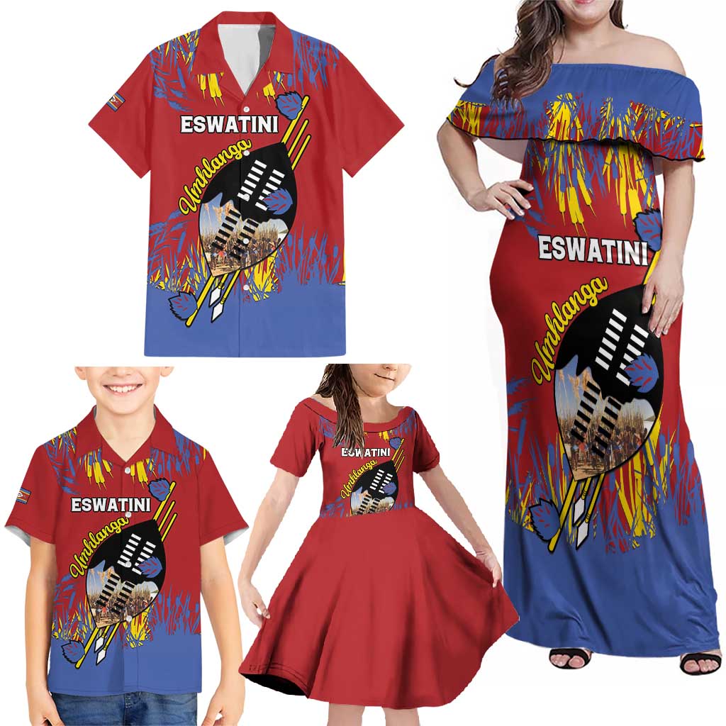 Personalized Eswatini Umhlanga Family Matching Off Shoulder Maxi Dress and Hawaiian Shirt Nguni Shield With Reed - Wonder Print Shop