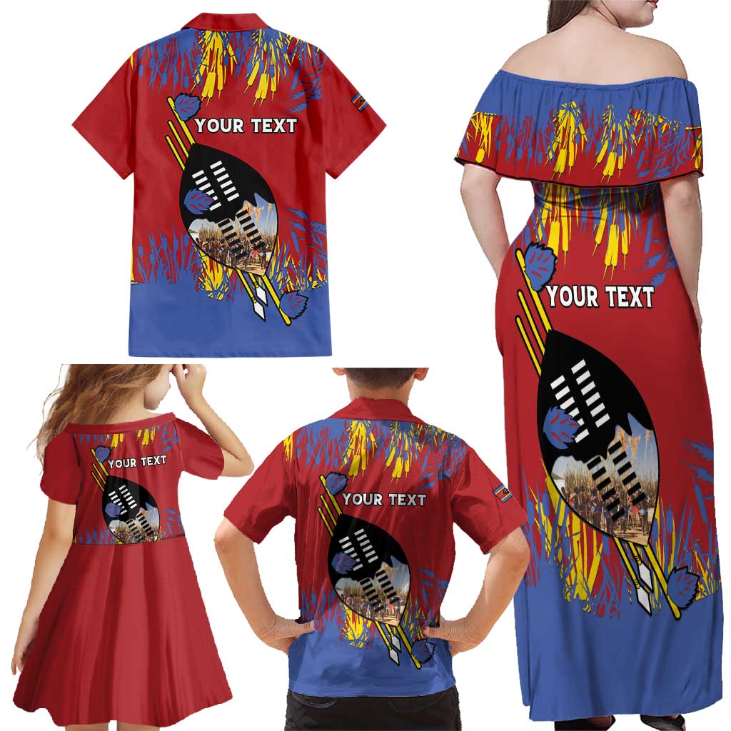 Personalized Eswatini Umhlanga Family Matching Off Shoulder Maxi Dress and Hawaiian Shirt Nguni Shield With Reed - Wonder Print Shop