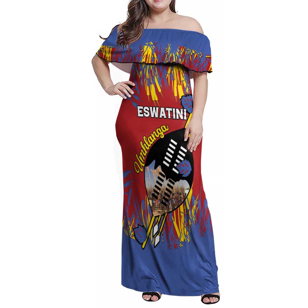 Personalized Eswatini Umhlanga Family Matching Off Shoulder Maxi Dress and Hawaiian Shirt Nguni Shield With Reed - Wonder Print Shop