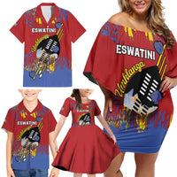 Personalized Eswatini Umhlanga Family Matching Off Shoulder Short Dress and Hawaiian Shirt Nguni Shield With Reed - Wonder Print Shop