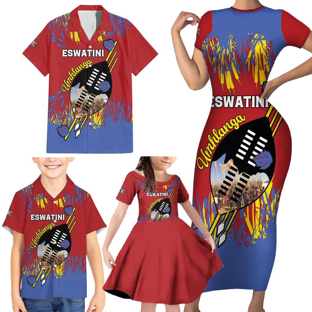 Personalized Eswatini Umhlanga Family Matching Short Sleeve Bodycon Dress and Hawaiian Shirt Nguni Shield With Reed - Wonder Print Shop