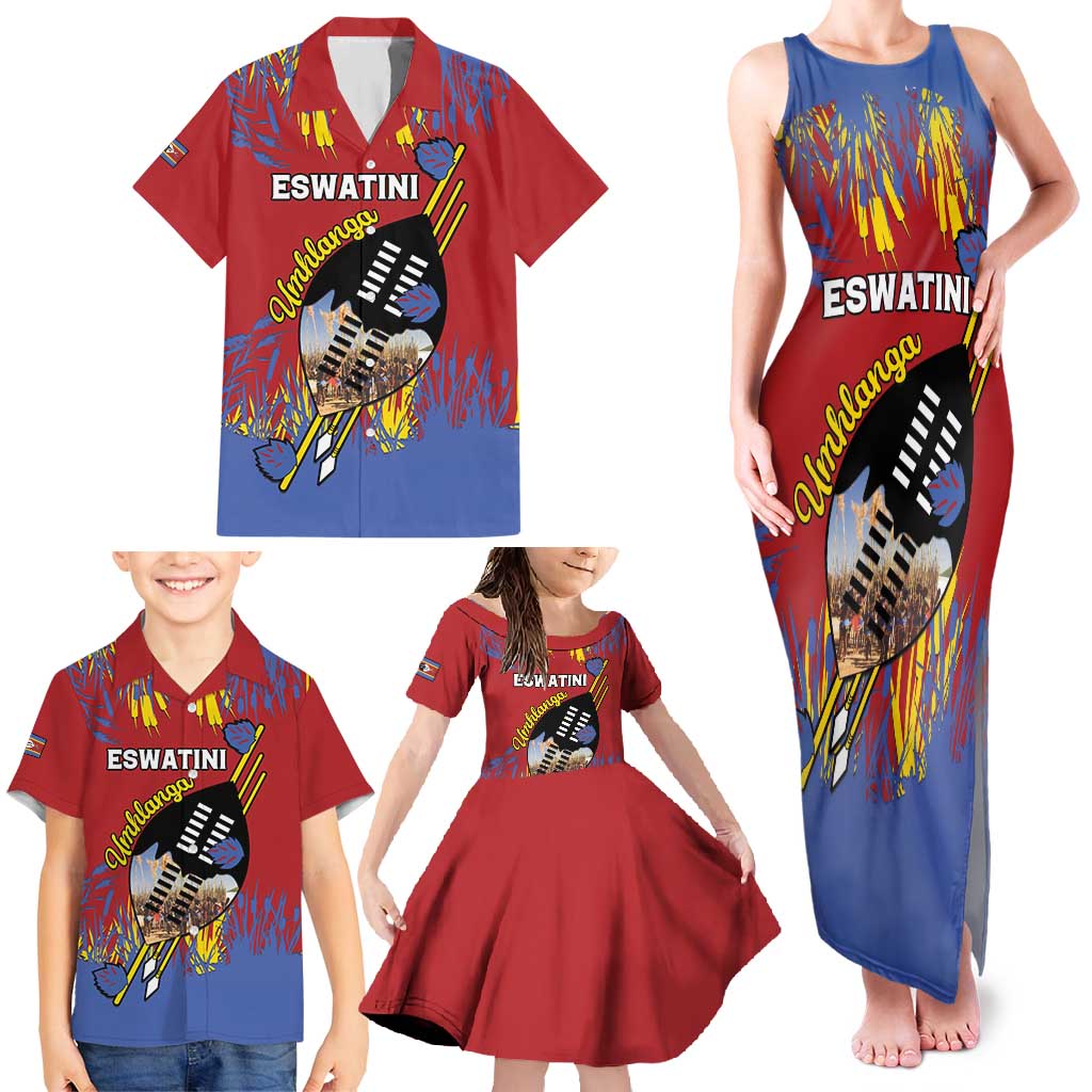 Personalized Eswatini Umhlanga Family Matching Tank Maxi Dress and Hawaiian Shirt Nguni Shield With Reed - Wonder Print Shop