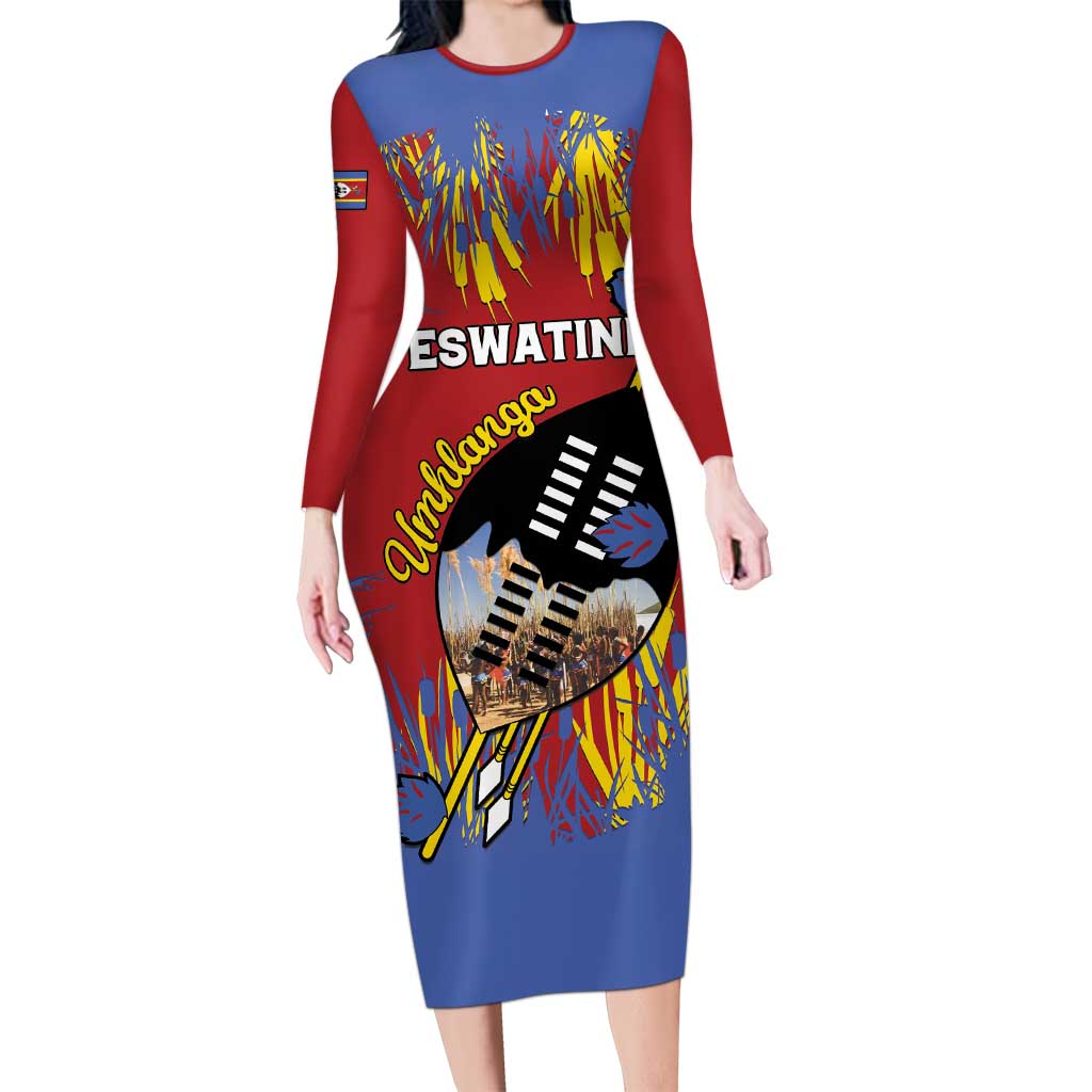 Personalized Eswatini Umhlanga Long Sleeve Bodycon Dress Nguni Shield With Reed - Wonder Print Shop