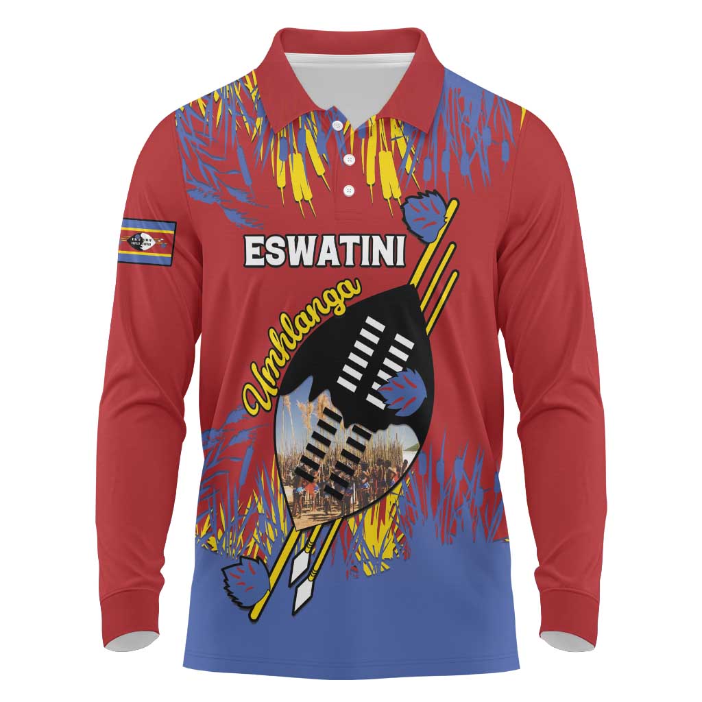 Personalized Eswatini Umhlanga Long Sleeve Polo Shirt Nguni Shield With Reed - Wonder Print Shop