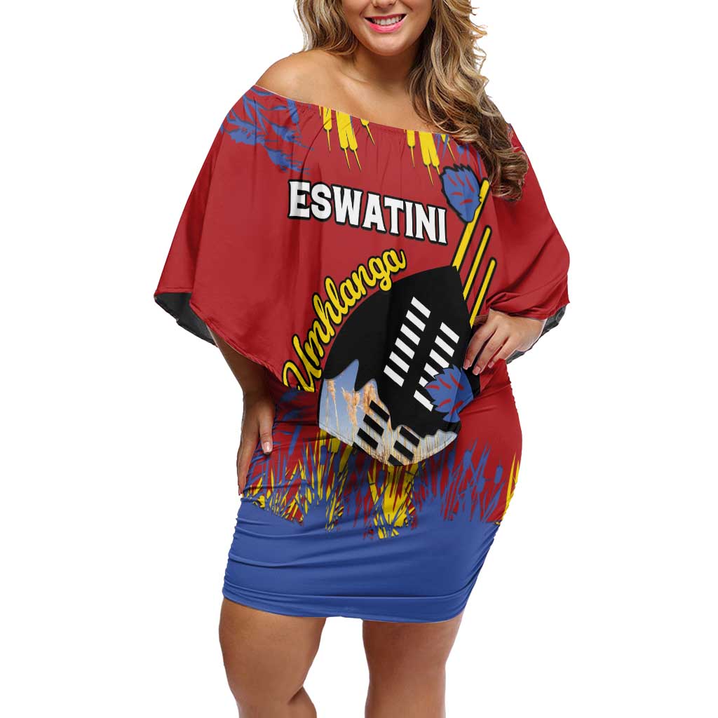 Personalized Eswatini Umhlanga Off Shoulder Short Dress Nguni Shield With Reed - Wonder Print Shop