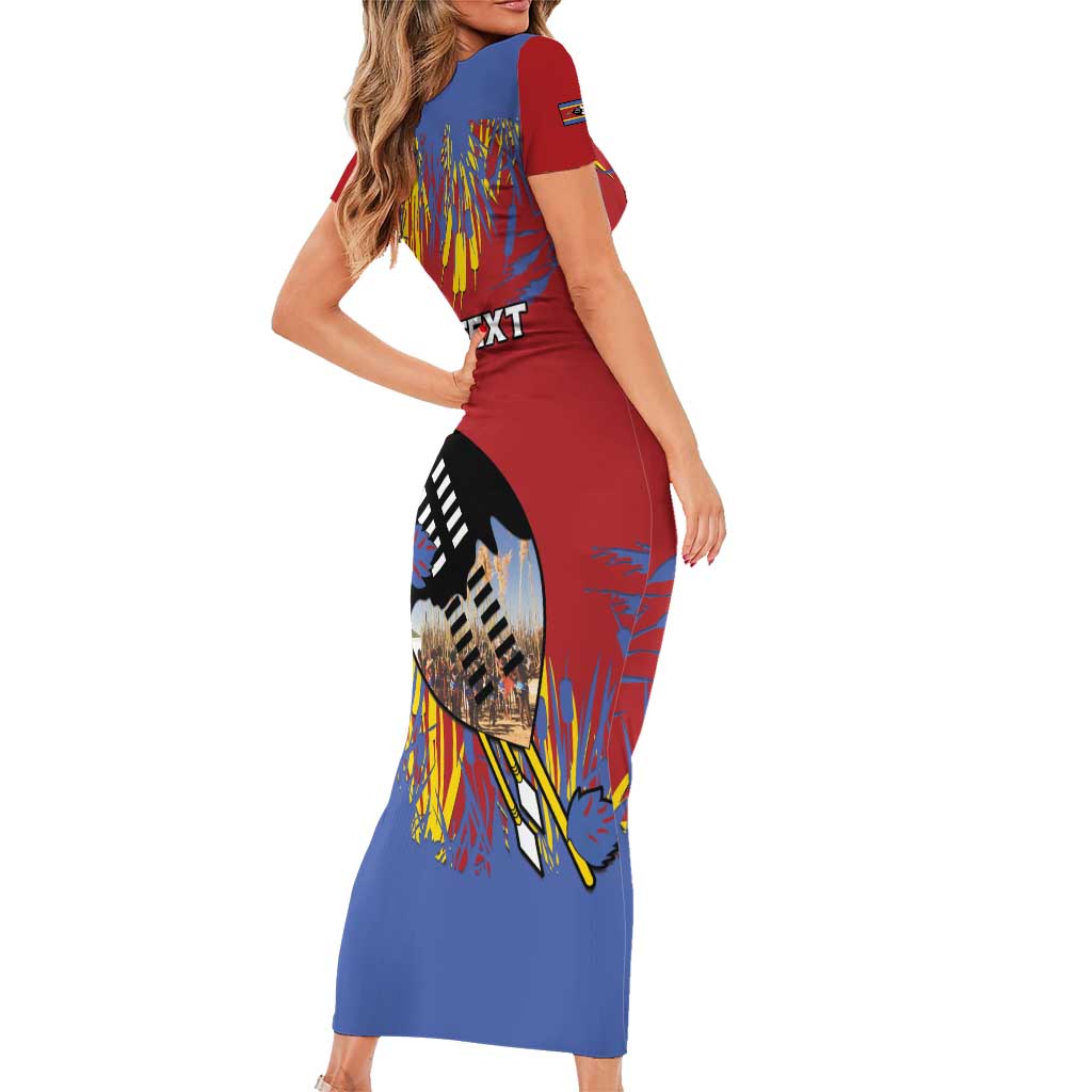 Personalized Eswatini Umhlanga Short Sleeve Bodycon Dress Nguni Shield With Reed - Wonder Print Shop