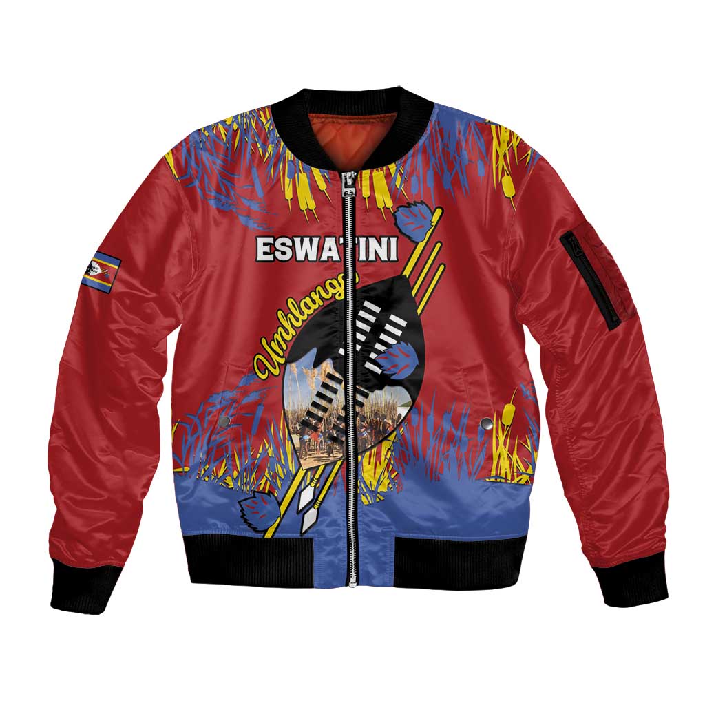 Personalized Eswatini Umhlanga Sleeve Zip Bomber Jacket Nguni Shield With Reed - Wonder Print Shop