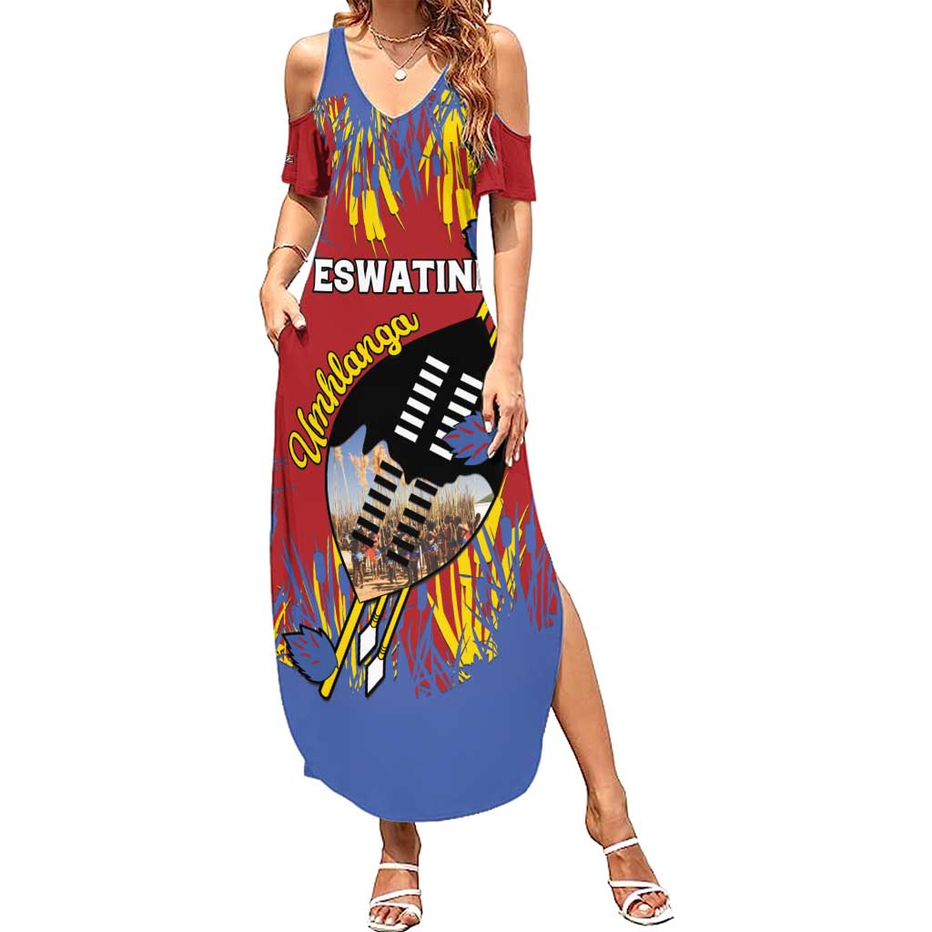 Personalized Eswatini Umhlanga Summer Maxi Dress Nguni Shield With Reed - Wonder Print Shop