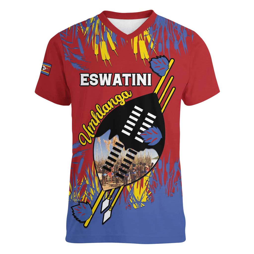 Personalized Eswatini Umhlanga Women V-Neck T-Shirt Nguni Shield With Reed - Wonder Print Shop