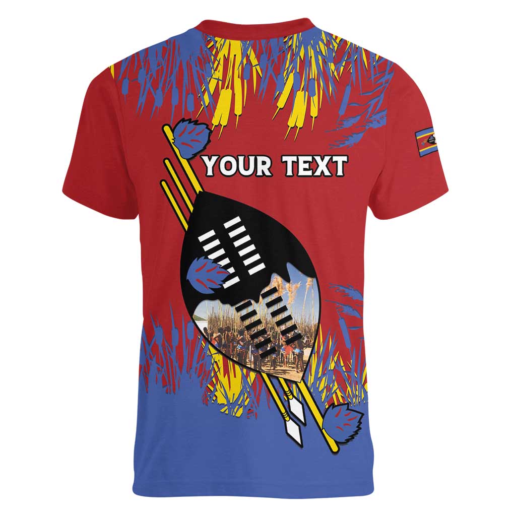 Personalized Eswatini Umhlanga Women V-Neck T-Shirt Nguni Shield With Reed - Wonder Print Shop