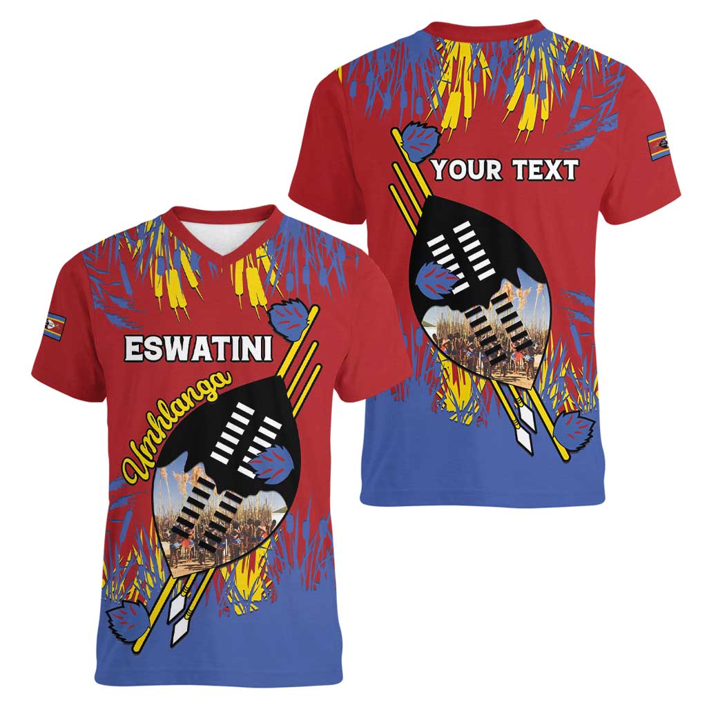 Personalized Eswatini Umhlanga Women V-Neck T-Shirt Nguni Shield With Reed - Wonder Print Shop