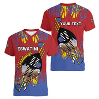 Personalized Eswatini Umhlanga Women V-Neck T-Shirt Nguni Shield With Reed - Wonder Print Shop