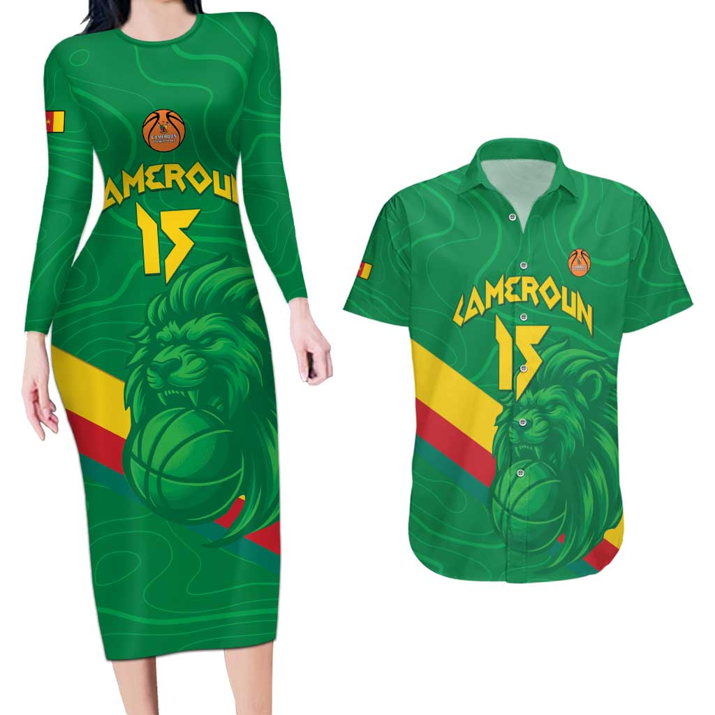 Custom Cameroon Basketball Couples Matching Long Sleeve Bodycon Dress and Hawaiian Shirt Go Champions Indomitable Lions - Wonder Print Shop