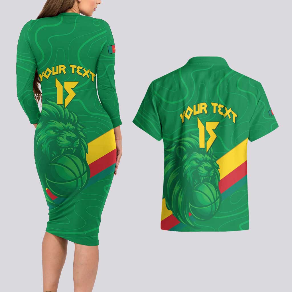 Custom Cameroon Basketball Couples Matching Long Sleeve Bodycon Dress and Hawaiian Shirt Go Champions Indomitable Lions - Wonder Print Shop