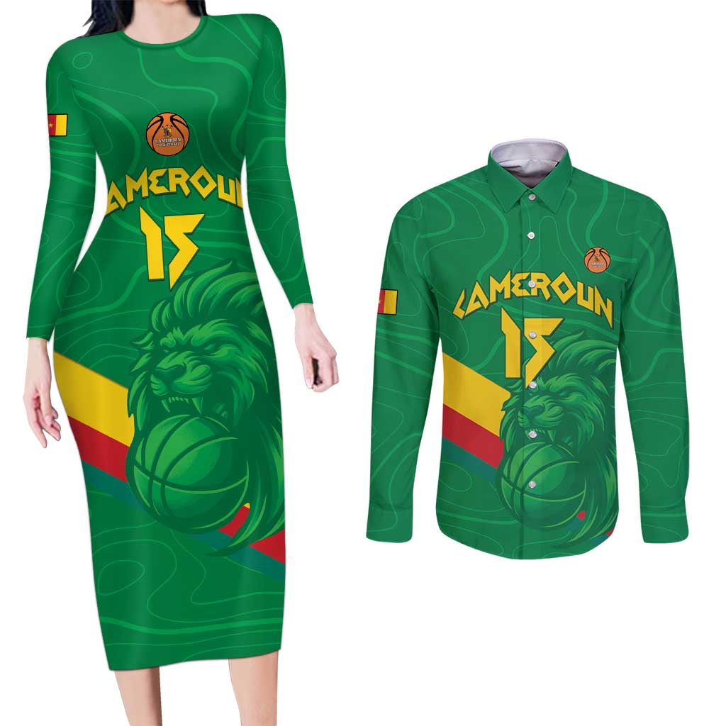 Custom Cameroon Basketball Couples Matching Long Sleeve Bodycon Dress and Long Sleeve Button Shirt Go Champions Indomitable Lions - Wonder Print Shop