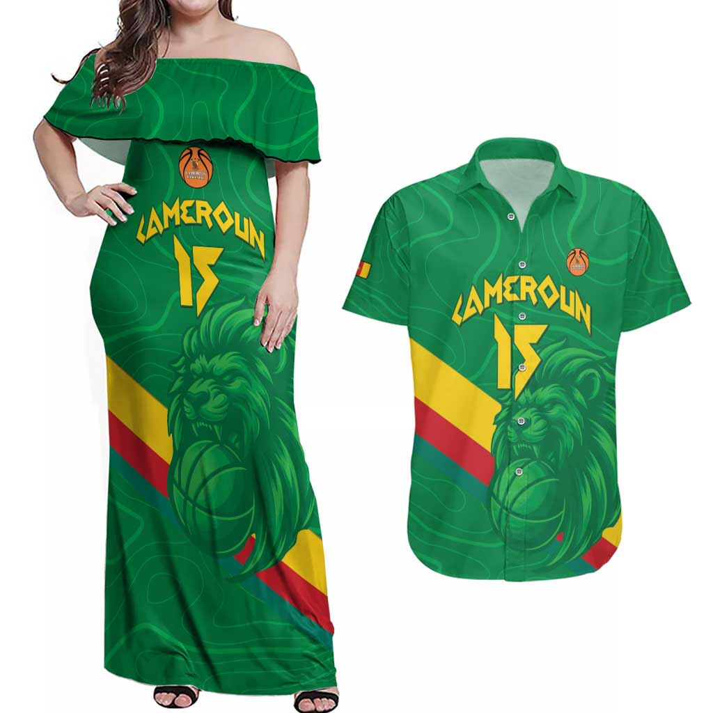 Custom Cameroon Basketball Couples Matching Off Shoulder Maxi Dress and Hawaiian Shirt Go Champions Indomitable Lions - Wonder Print Shop