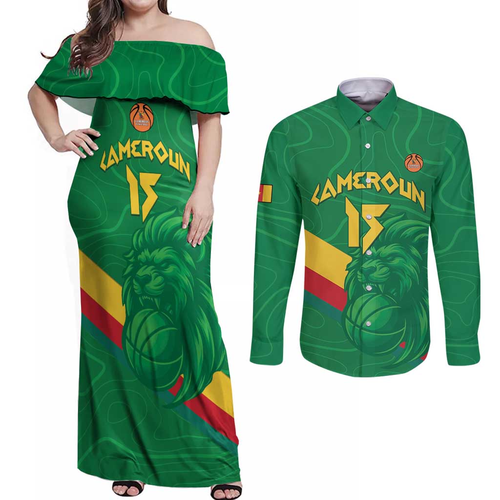 Custom Cameroon Basketball Couples Matching Off Shoulder Maxi Dress and Long Sleeve Button Shirt Go Champions Indomitable Lions - Wonder Print Shop